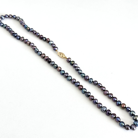 14K Yellow Gold Genuine 6MM Black Pearl Hand Knotted Strand Necklace 18" - Picture 5 of 8